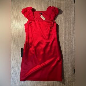 Ann Taylor Red Flower Puff Sleeve Silk Wool Blend Cocktail Dress Size 10P